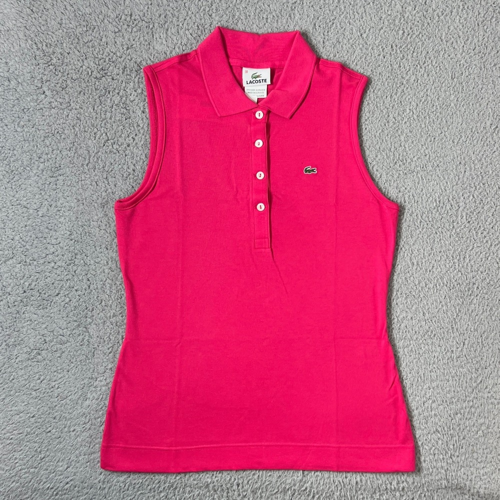 Lacoste Sleeveless Polo Shirt Women US Size M (EU/6) Pink Micro Pique Stretch